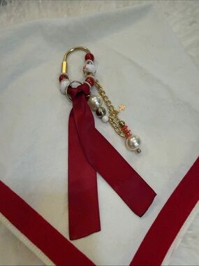 Gold and Red Ribbon Keychain Charm with Beads